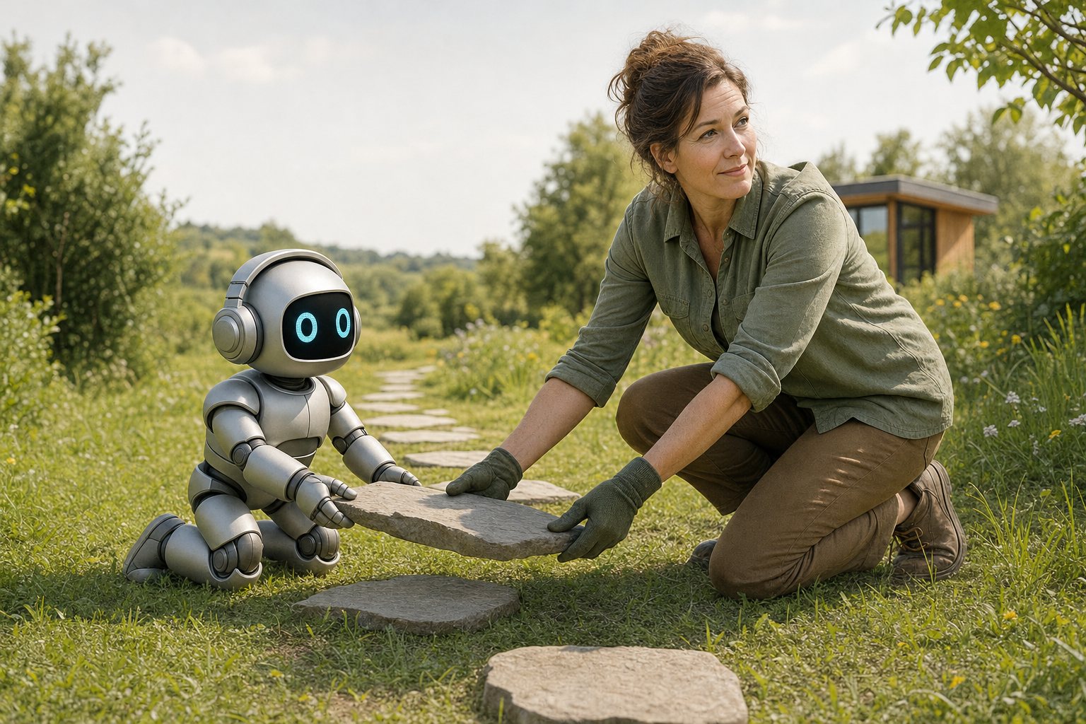 Eine Frau legt den nächsten Stein ihres Weges, der KI-Bot reicht ihn ihr an