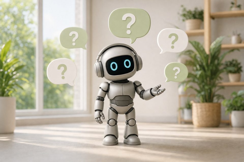 Ein grauer Roboter, umgeben von Sprechblasen mit Fragezeichen