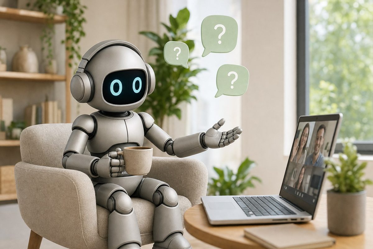 Ein freundlicher grauer Roboter im Sessel bei einer Video-Fragestunde