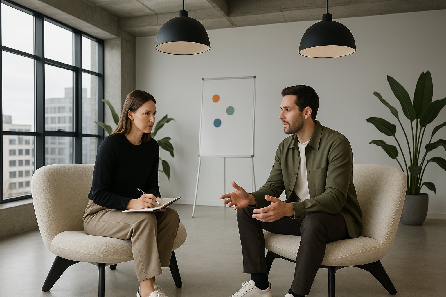 Coaching-Gespräch in zwei Sesseln in einem modernen Loft