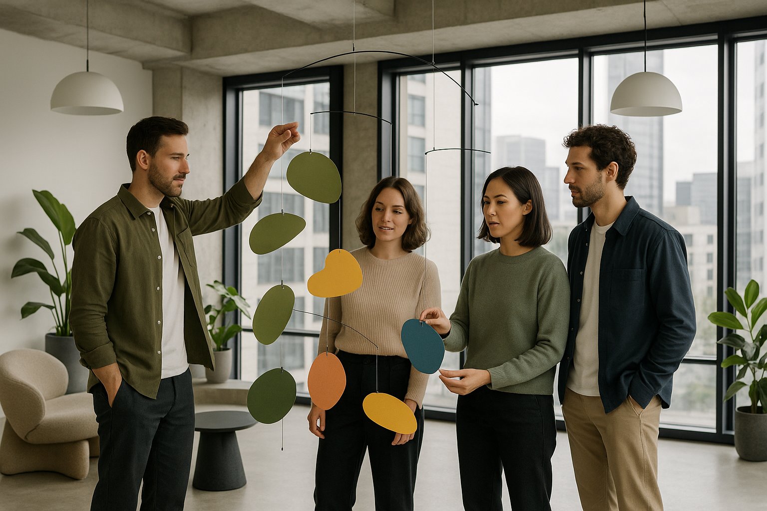 Team hält gemeinsam ein Mobile im Gleichgewicht